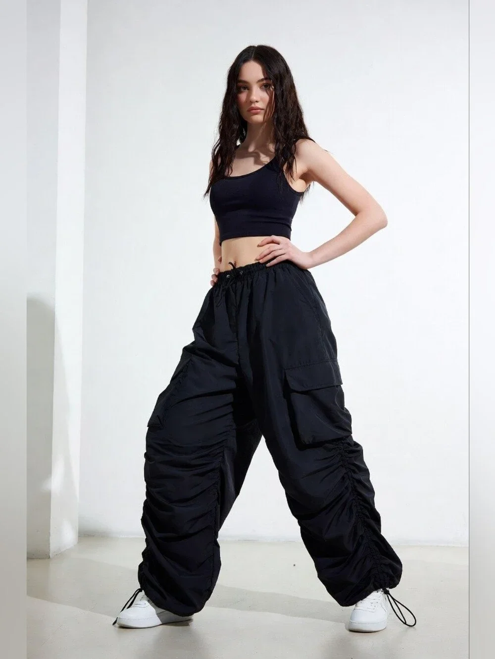 Zara Oversized Wide Leg Baggy Cargo Pants Black Womens Medium Streetwear